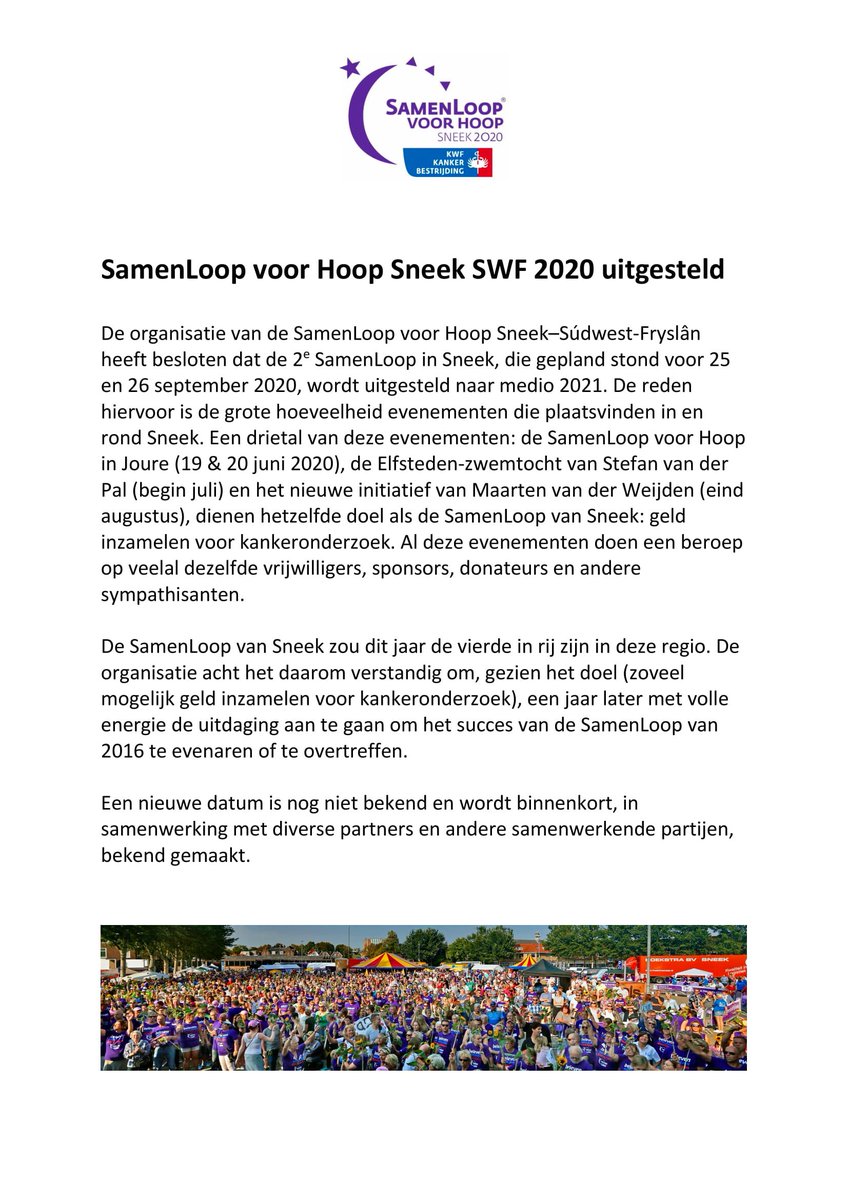 SamenloopSWF's tweet image. Belangrijk bericht: De SamenLoop Sneek-SWF 2020 wordt uitgesteld naar medio 2021.