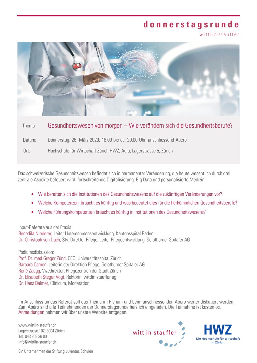 #Gesundheitswesen von morgen - Wie verändern sich die #Gesundheitsberufe? wittlin-stauffer.ch

<a href="/JuventusSchulen/">Juventus Schulen</a> <a href="/fhhwz/">HWZ Fachhochschule</a> <a href="/KSB_Spitalbaden/">Kantonsspital Baden</a> <a href="/UZH_ch/">Universität Zürich</a> <a href="/SOspitaeler/">Solothurner Spitäler</a> <a href="/HansBalmer/">Hans Balmer</a> <a href="/NZZ/">NZZ</a> <a href="/tagesanzeiger/">Tages-Anzeiger</a> <a href="/SPIEGEL_Gesund/">SPIEGEL Gesundheit</a> <a href="/SZ_Gesundheit/">SZ Gesundheit</a> <a href="/TrendGesundheit/">Trendtage Gesundheit Luzern</a> @Bildung_News_CH