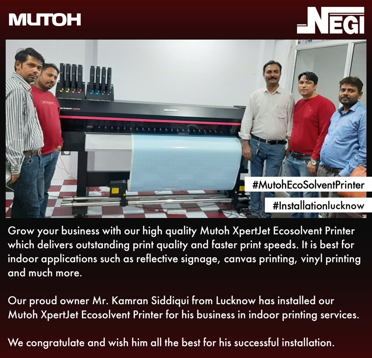 negisignsystem's tweet photo. #Mutoh #Xpertjet #Ecosolvent #Printer
#Successful #Installation
#Proudowner #Lucknow
#ExcellentChoice
#IntelligentDesignFeatures
#OutstandingPrintQuality
#Highspeedprinter

Contact us on : +91 22 61566000
Whatsapp : +918433908685
Email : sales@negisign.com
https://t.co/tptiQxnHsh https://t.co/4j6zYoR8cX