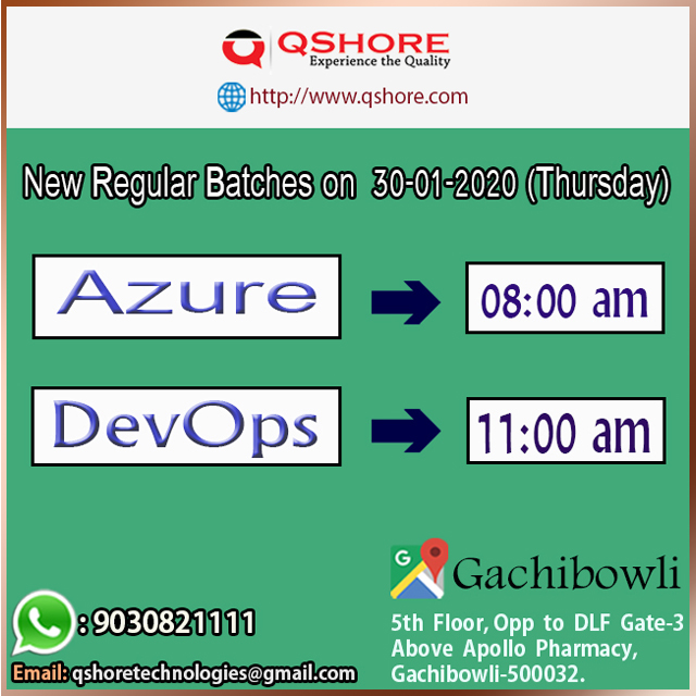 Qshoretraining's tweet photo. New Regular Batches are starting on 30th January,2020 at Qshore Technologies, Gachibowli.

For more Details visit: https://t.co/xfVZb3ZQPb
Contact us to 9030821111

#QshoreTechnologies #Qshore #Devops #Azure #DevOpCourses #AzureCourse 
#SoftwareTrainingCentre #OnlineCourses https://t.co/bUch1z25Jk
