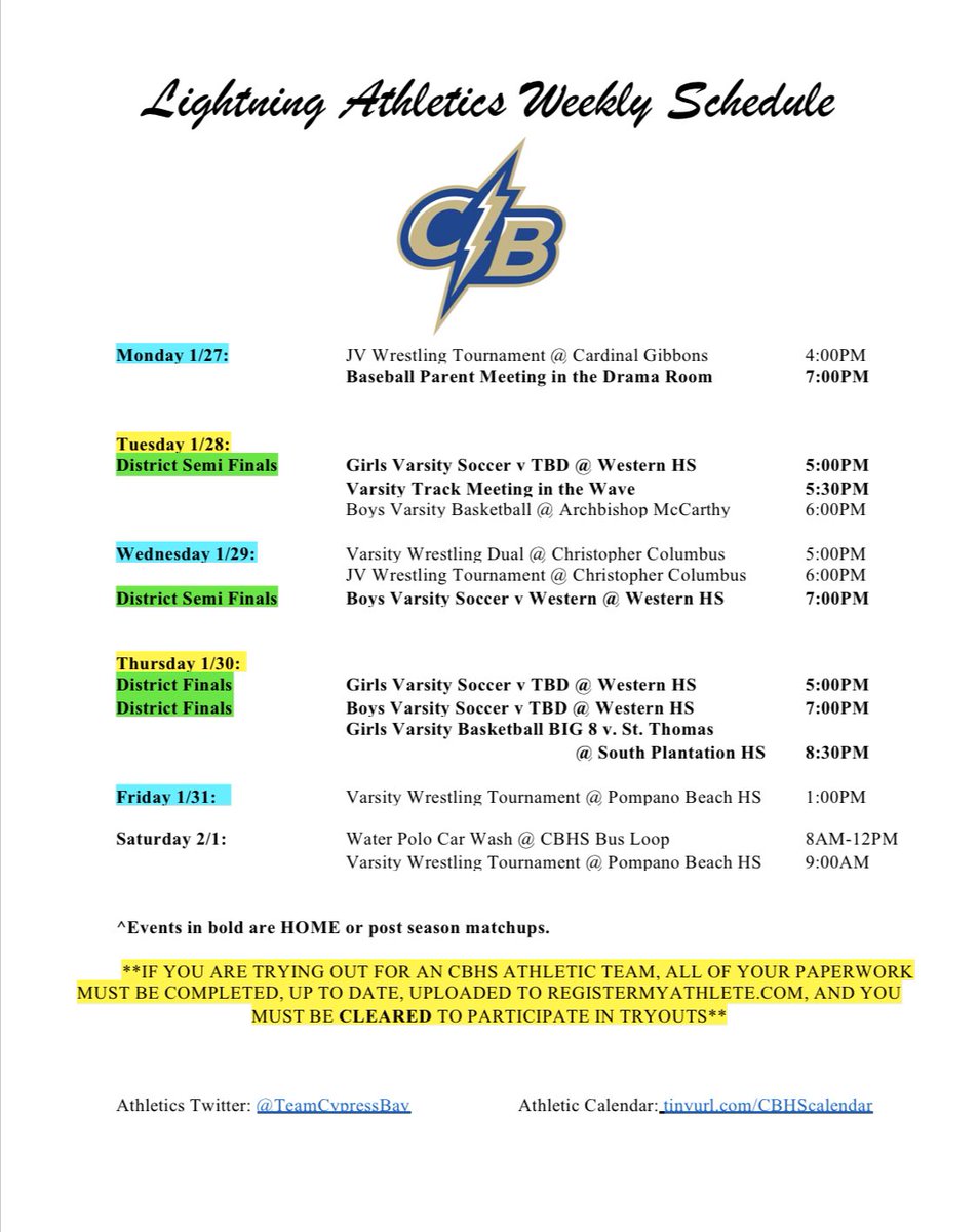 TeamCypressBay's tweet photo. Big week for soccer as we head into district play! We also have BIG 8 girls basketball v. @STA_Raiders on Thurs &amp; tryouts for LAX the first part of the week (girls on campus/ boys at Tequesta). @cbgirlssoccer @PrincipalCBHS @CB_Athletics —and car wash by @cbhs_wapo on Sat! 🏀⚽️🤼 https://t.co/QOnuETVsKF