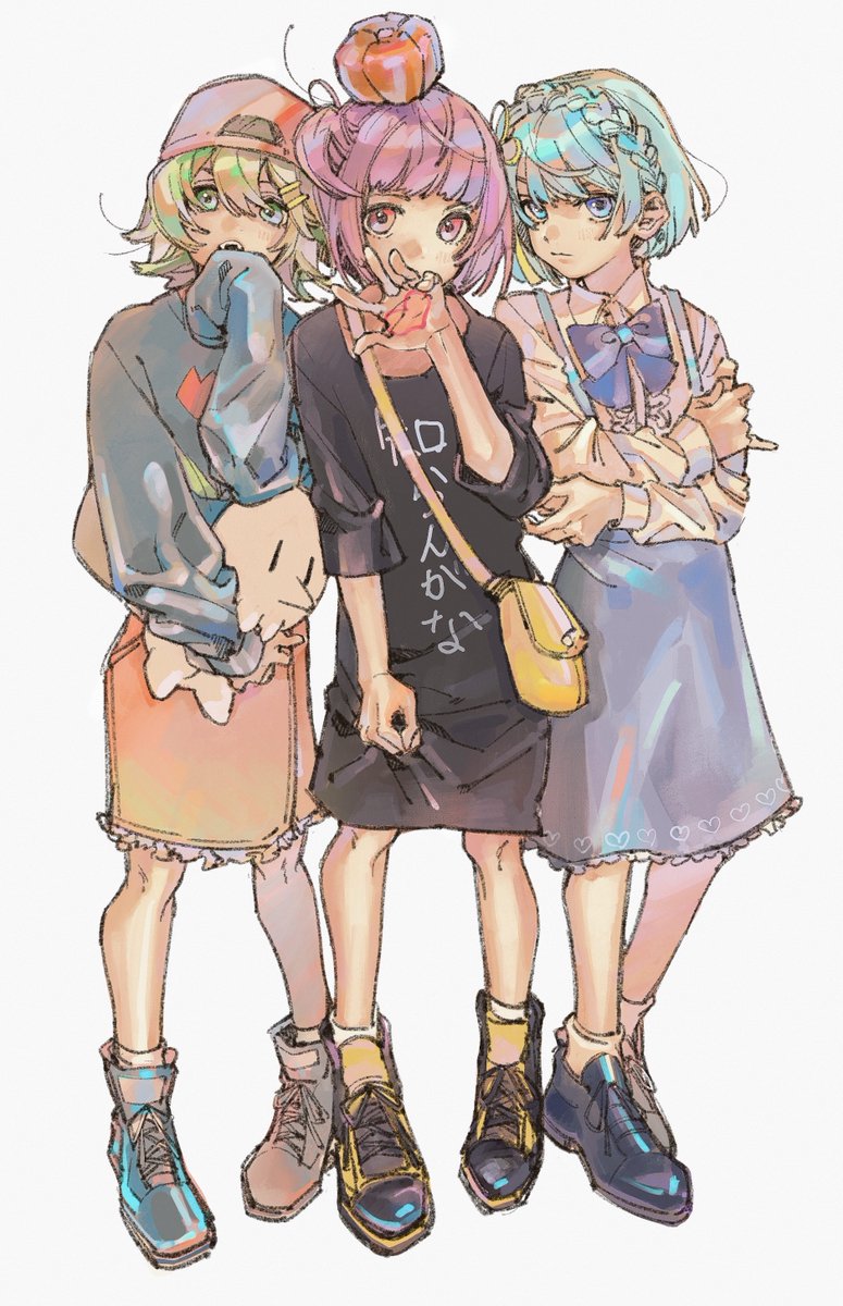 multiple girls 3girls shirt hat skirt blue eyes short hair  illustration images