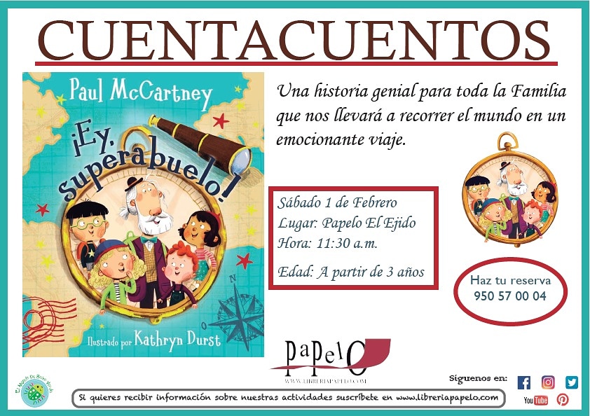 LIBRERIA_PAPELO's tweet photo. El sábado 1 de Febrero en Librería Papelo de El Ejido, a las 11:30h. realizaremos un nuevo cuentacuentos.
Será del álbum ¡Ey, Superabuelo! 👴🏻 publicado por @bruno_editorial 📚 
Es una historia genial para toda la familia que nos llevará a recorrer el mundo en un emocionante viaje https://t.co/7DBhaTr5tE