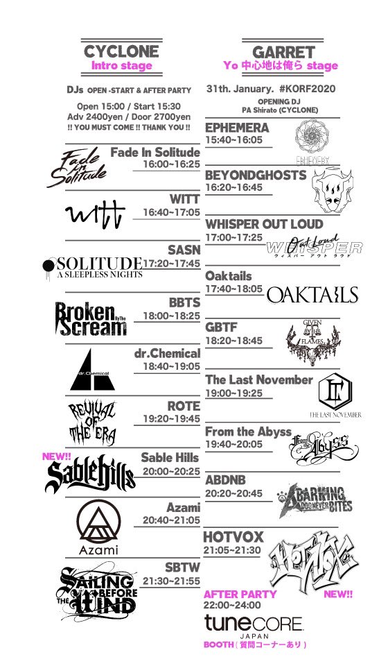 FIS_Official_JP's tweet photo. 【LIVE INFO】

CYCLONE&amp;GARRET pre. KORF2020

追加アクト
@HOTVOX_ 
@SableHills_ 
の出演が決定！！

Fade In Solitude
CYCLONE 16:00〜

#KORF2020 

🎫チケットの取り置きはDMまたは以下にて
Gmail
FISOfficialJP@gmail.com
公式HP
https://t.co/zgF5OL1vdI https://t.co/F0l74N1s57
