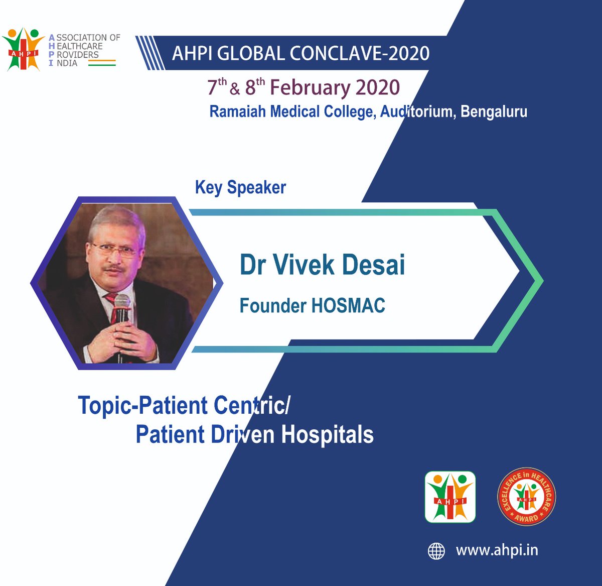 ahpi_india's tweet photo. Dr.Vivek Desai, Founder, HOSMAC - Key note speaker - Topic - Patient Centric/Patient Driven Hospitals at the AHPI Global Conclave 2020 @MsrmhTweet @HosmacIndia #HOSMAC #healthcare https://t.co/z4Rh5Bgq0G