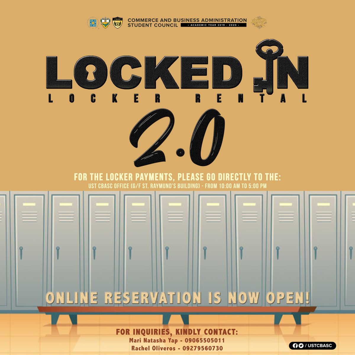 USTCBASC's tweet photo. The long wait is over!
LOCKED IN 2.0 IS NOW OPEN FOR ONLINE RESERVATIONS.
Small Locker - Php 80.00
Big Locker - Php 120.00
To Register: https://t.co/yQoKREyHEh
—————
USTCBASC ‘19’20
#8ridging6aps https://t.co/g1Xe2P4Vbh