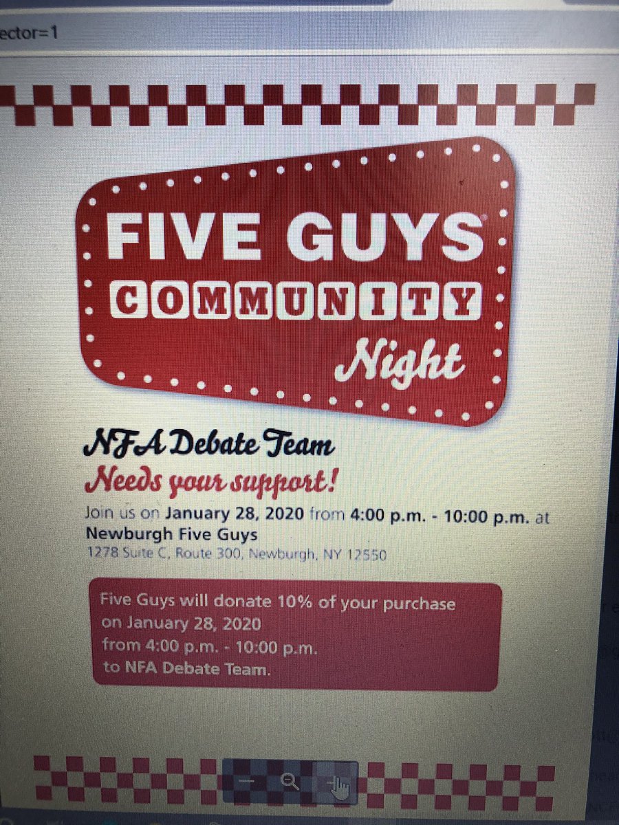 NFA Debate will be hosting a Five Guys Fundraiser Tuesday 1/28 to support our program. Dine In or Take out . Please spread the word <a href="/AP_Shust/">AP Shust</a> <a href="/susan_valentino/">susan valentino</a> @NfaPrincipal <a href="/NorthNfa/">NFA North Campus</a> <a href="/JonelleNanette/">Jonelle Nanette</a> @LisaSpin237