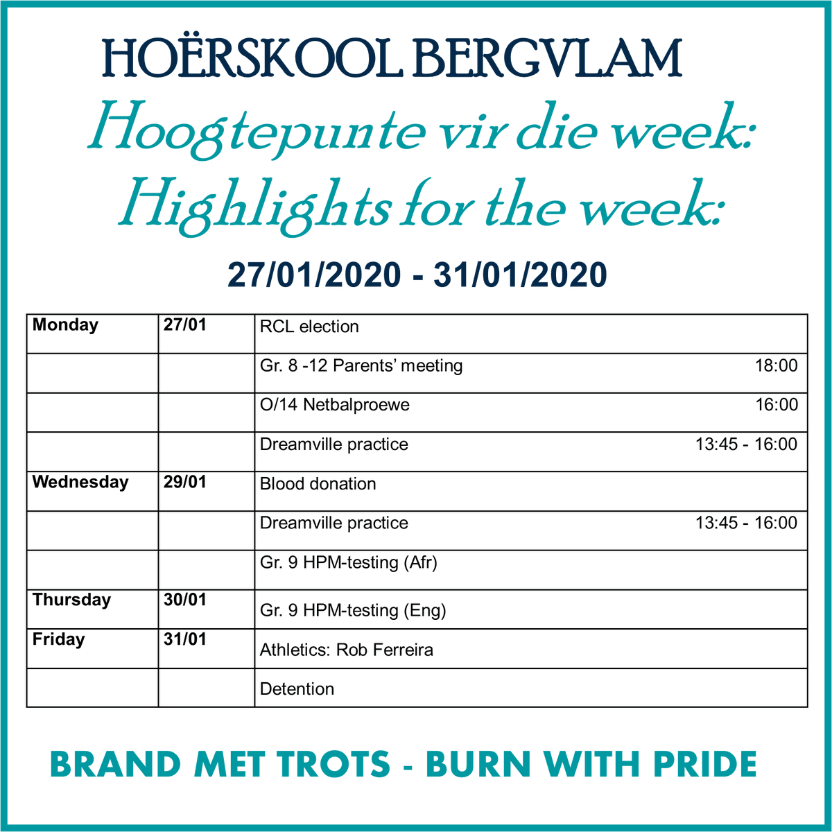 Highlights for the week: 27 January 2020 - 31 January 2020