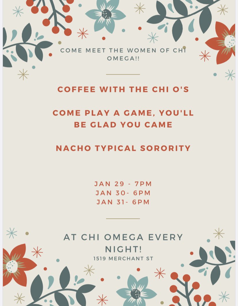 Informal recruitment is just around the corner! 🎉

Come hang out with us later this week! We’d LOVE to meet you!! ❤️💛