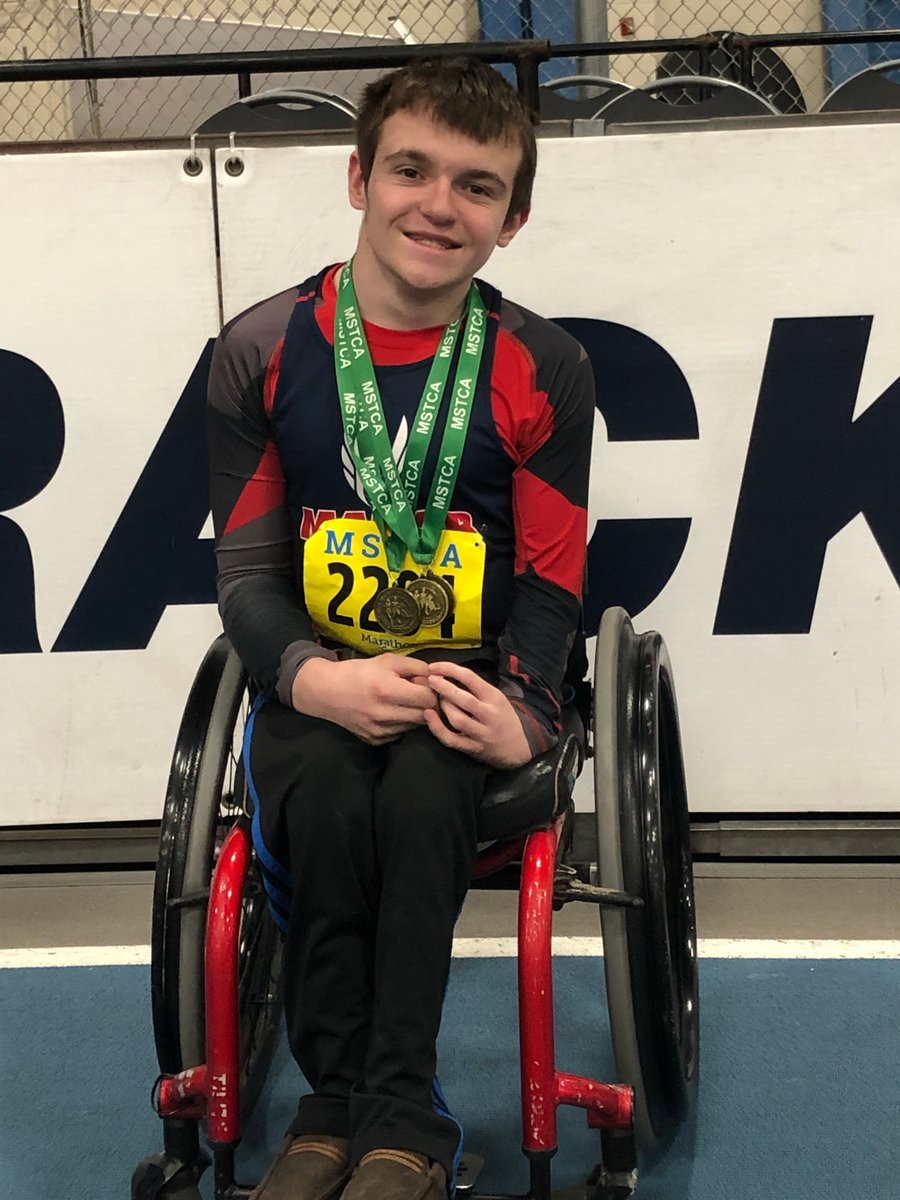 PrincipalHemlin's tweet photo. Mahar's Max Gilmore took home 3 Golds at the MSTCA Coaches Invitational at Reggie Lewis in Boston Saturday. Max won the adapted 55m, 300m and shot put. Max is one of the first adapted athletes to race in the 300m in Massachusetts!  Congratulations Max!!!!! https://t.co/wBysMU0tdn