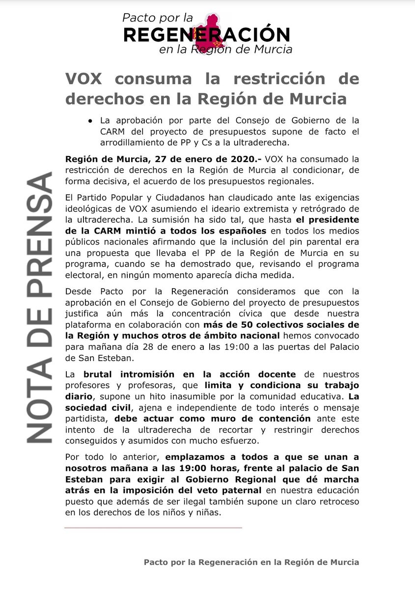 RegeneraMurcia's tweet photo. 😡 #VOX consuma la restricción de derechos en la #RegiónDeMurcia.

🤡 @PPRMurcia y @CsRegionMurcia claudican ante la ultraderecha.

🗣 Concentración a favor de una Educación Libre y contra el #VetoParental

🗓 Martes, 28 de Enero
🕖 19:00
📍Palacio de San Esteban

📱📲 COMPARTE https://t.co/pGakEgtwRm