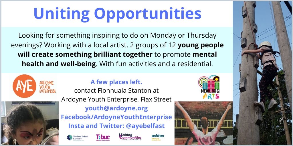 ArdoyneYouthEnterprise (@ayebelfast) on Twitter photo A few places left on the Monday evening group of this great programme. The age group is 11 to 14. Contact youth@ardoyne.org, DM us here or ring our office: 90741479
#mentalheath #wellbeing #creativity #youthwork #TBUC #unitingopportunities A few places left on the Monday evening group of this great programme. The age group is 11 to 14. Contact youth@ardoyne.org, DM us here or ring our office: 90741479
#mentalheath #wellbeing #creativity #youthwork #TBUC #unitingopportunities