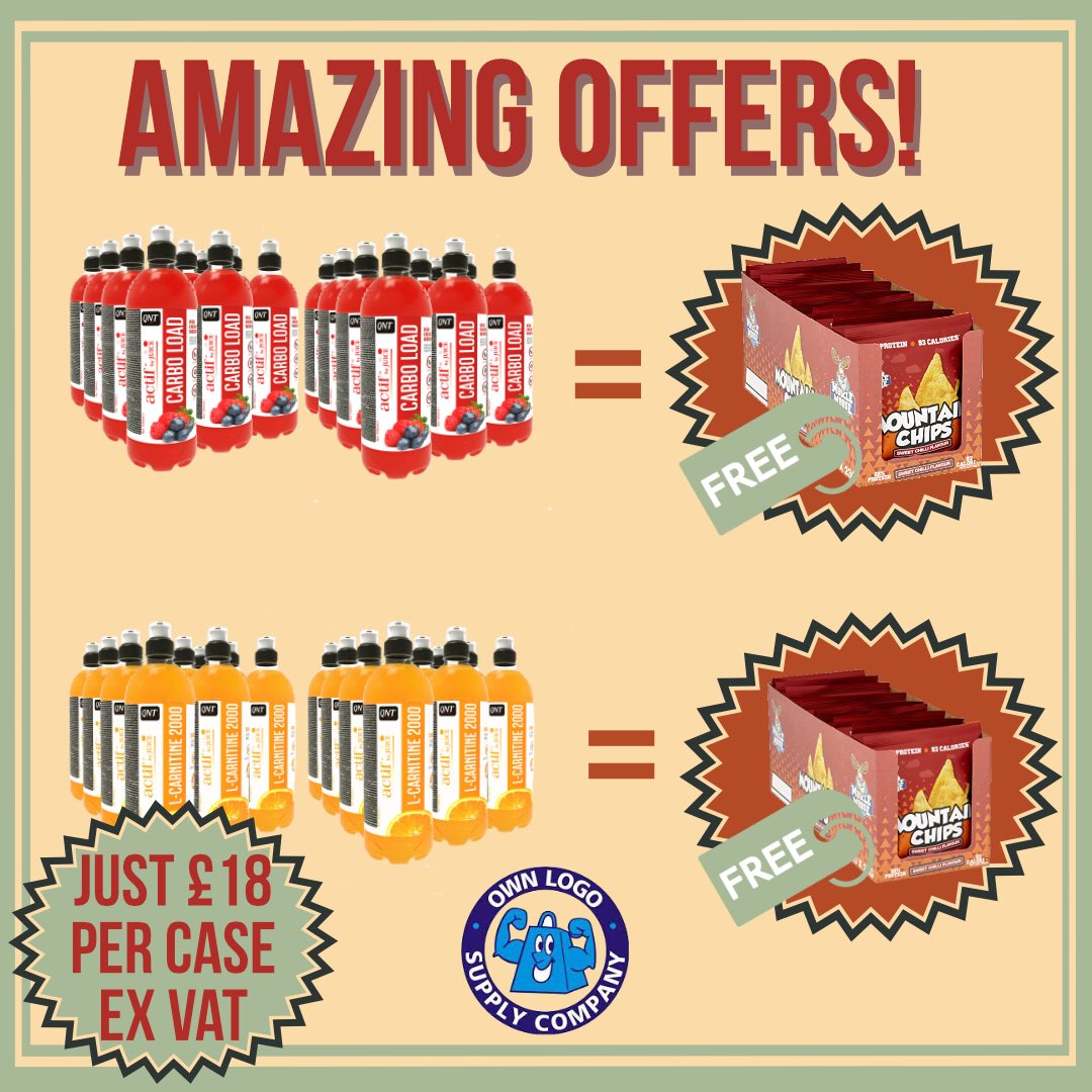 AMAZING NEW OFFER!

Shop now at ownlogo.co.uk

Buy any Carbo Load (24pk) or L-Carnatine (24pk) and get a box of mountain chips for free! 
#offers #gym #gymlife #gymowners #ownlogo #QNT