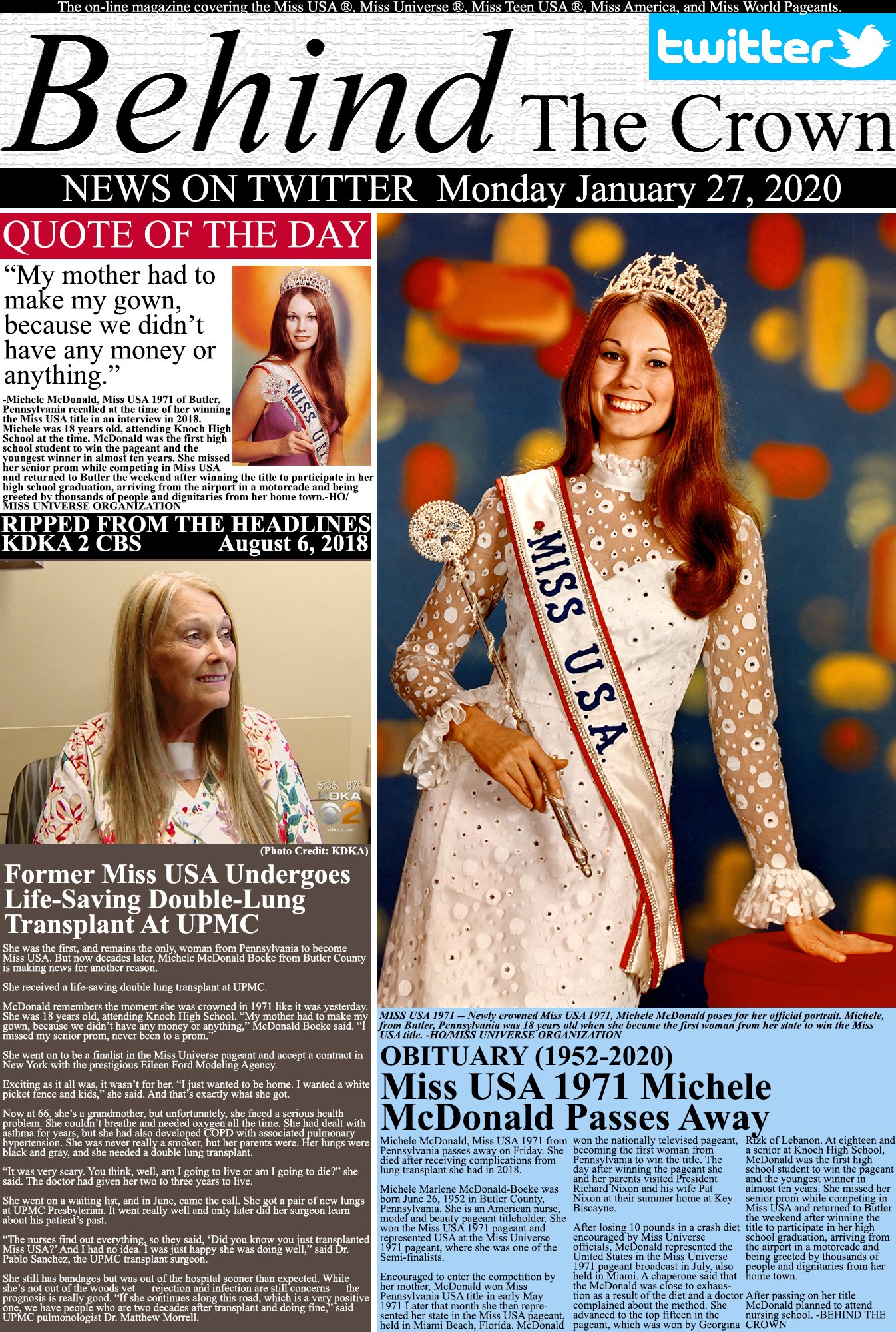 Behind The Crown V Twitter Miss Usa 1971 Michele Mcdonald Passes Away Ripped From The Headlines Former Miss Usa Undergoes Life Saving Double Lung Transplant At Umpc And More T Co B4ugm3airt Behind The Crown V Twitter Miss Usa 1971 Michele Mcdonald Passes Away Ripped From The Headlines Former Miss Usa Undergoes Life Saving Double Lung Transplant At Umpc And More T Co B4ugm3airt