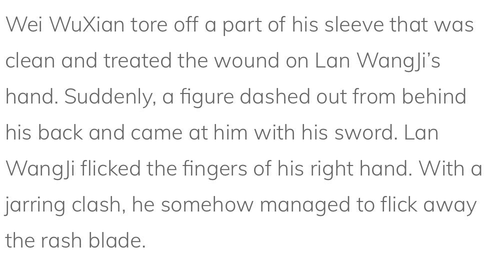 he went from being unable to walk and still refusing to let wwx carry him to actually letting wwx treat a cut on his finger as a grave injury and fuss over it.