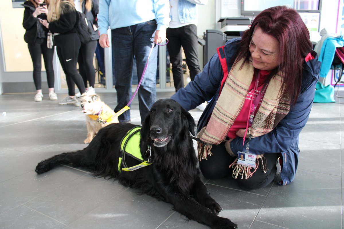UHI_Inverness's tweet photo. Lots of 💜 for today's visitors 🐶 #therapets are proven to slow down the heartbeat, reduce blood pressure and make you smile .... come and meet Maggie and Missy, in our Atrium until 2pm today #thinkuhi #thinkinverness #healthyuniversity #wellbeing @tweet_HISA https://t.co/nTTtqyVGin