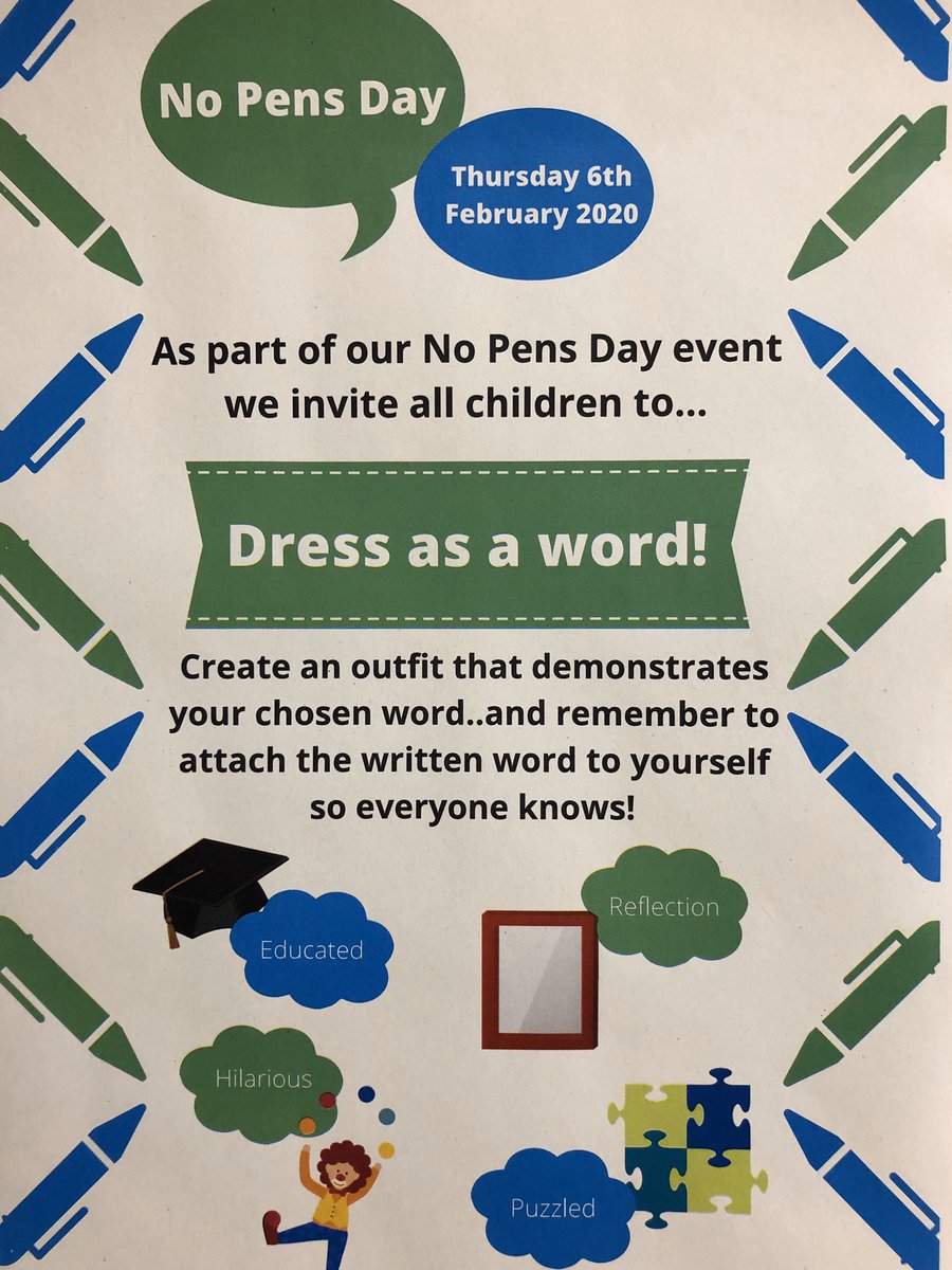 DeanburnPS's tweet photo. On No Pens Day, Thursday 6th February, we invite all pupils to ‘Dress as a Word’ to help us learn new or interesting words in memorable ways! #DPSSpeechandLanguage @sarahbodilySLT https://t.co/wAOIIXJswt