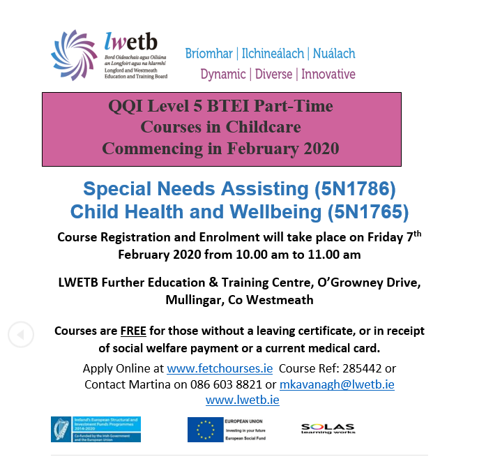 KateCaroline71's tweet photo. Childcare Course in Mullingar February 2020.  
Apply online via  https://t.co/qZ0eHX0gwa Ref 285442
#childcare #mullingar @ThisisFet #education https://t.co/J0T38fDfNu