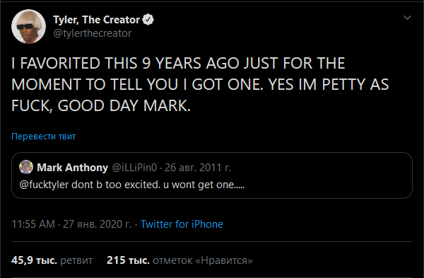 theflowmag's tweet photo. Путь Tyler The Creator к "Грэмми" в трех твитах:

Тайлер в 2010: У меня будет Грэмми. Ждите.

Хейтер в 2011: Не надейся, у тебя не получится

Тайлер в 2020: Я Н��ШЕЛ ТВОЙ ТВИТ СПУСТЯ 9 ЛЕТ, ВЕДЬ ТЕПЕРЬ У МЕНЯ ЕСТЬ ГРЭММИ. ДА, Я НАСТОЛЬКО МЕЛОЧНЫЙ. УДАЧИ, МАРК. https://t.co/dzqHKdR31d