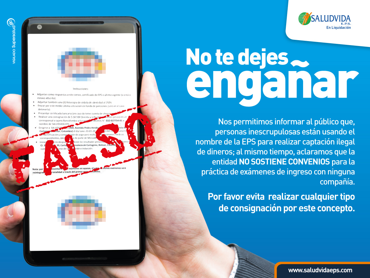 SaludVidaEPS's tweet photo. ¡Atención! Nuevamente personas inescrupulosas están utilizando el nombre de SaludVida y el de reconocidos almacenes, para efectuar presuntas estafas. No te dejes engañar. Pasa la voz y detengamos el fraude. https://t.co/HSI23WSwOb