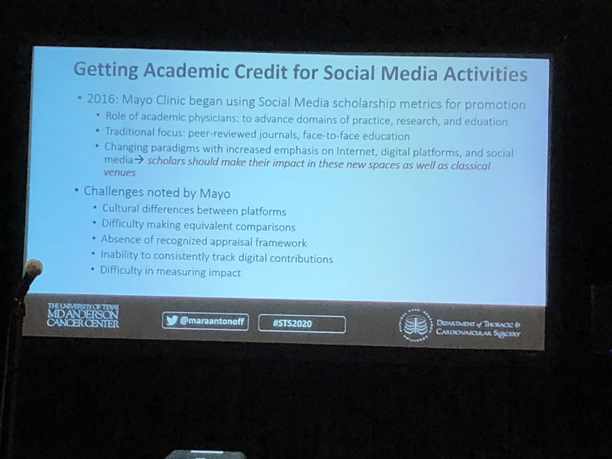 Great talk by <a href="/maraantonoff/">Mara Antonoff, MD, FACS</a> on leveraging social media to generate academic credit! #STS2020