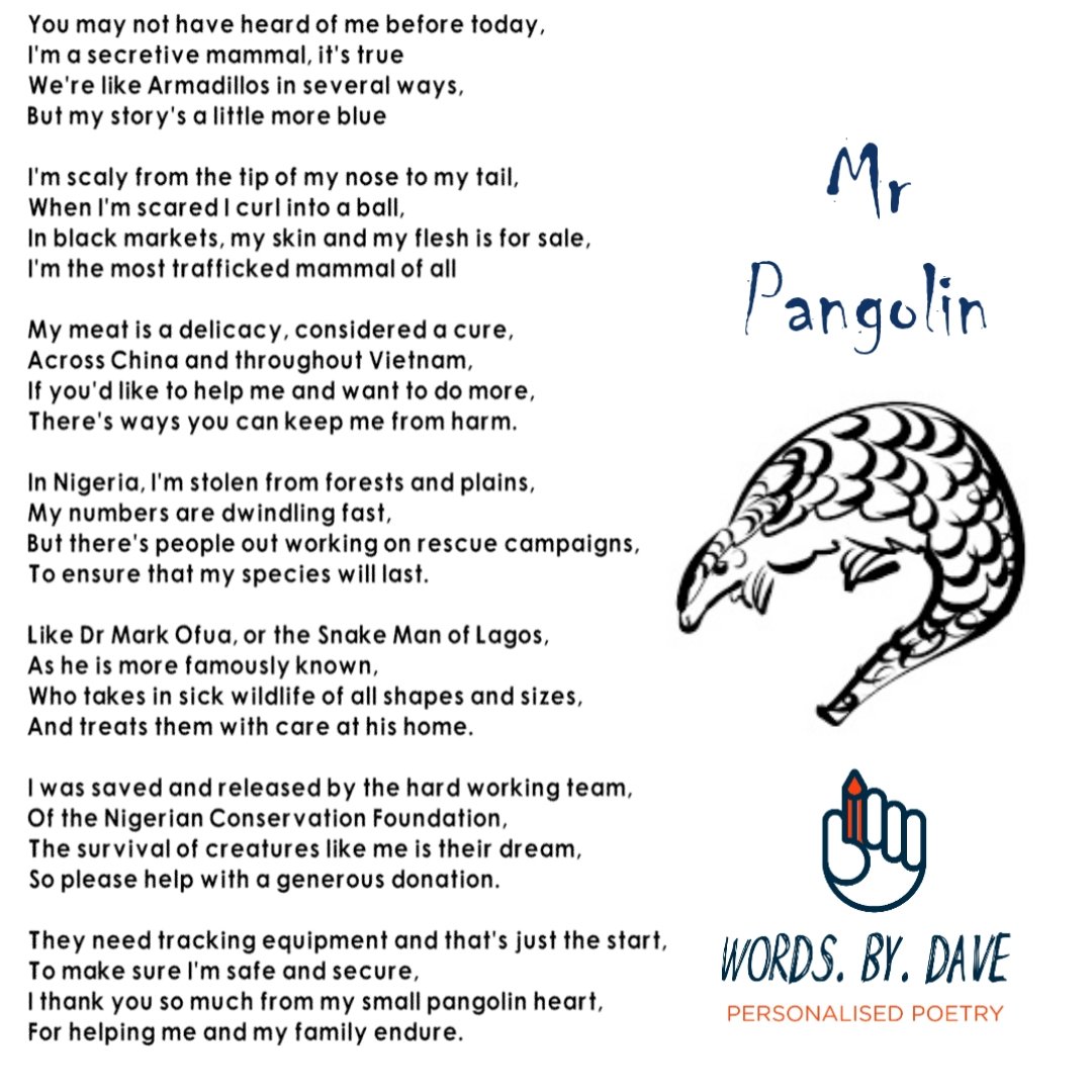 dave_words's tweet photo. @PangolinSG Hi - my friend in Nigeria has written a blog about a recent pangolin rescue she was involved in: https://t.co/VnVLK87pG5

She is raising money for the local conservation centre and I have written a poem about it!

Any RT's or shares would be greatly  appreciated 😊 https://t.co/WMebWGSim5