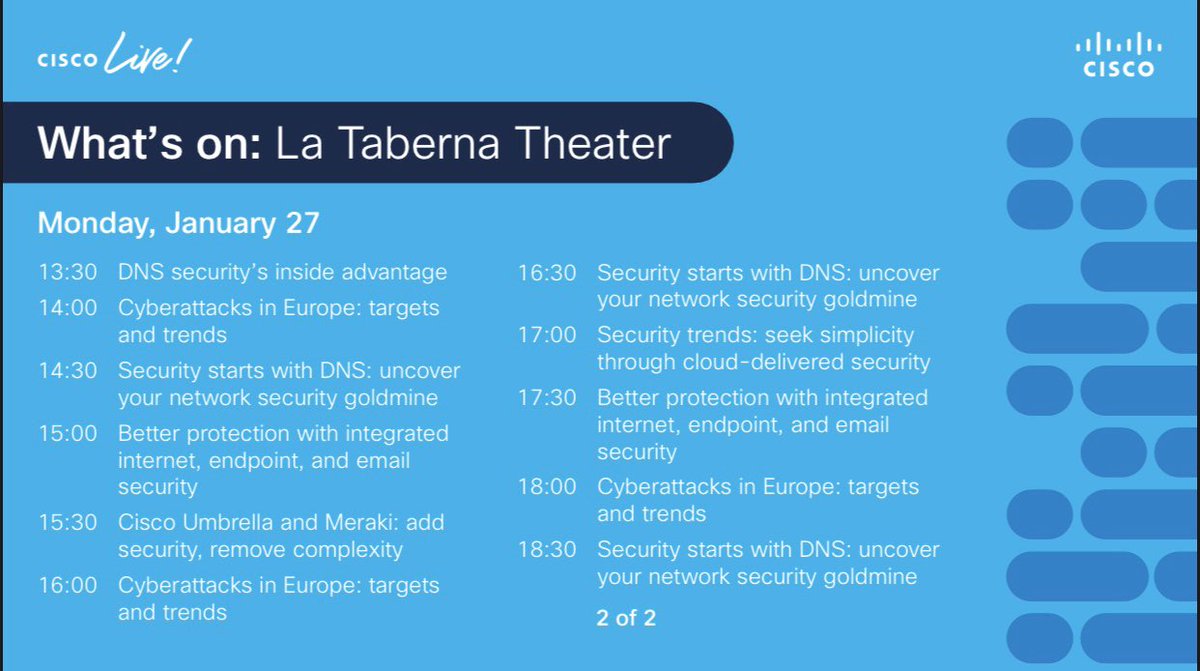 CiscoUmbrella's tweet image. Here’s what left on the schedule for today’s short #SecurityNinja sessions inside La Taberna in The Hub. #CLEUR
