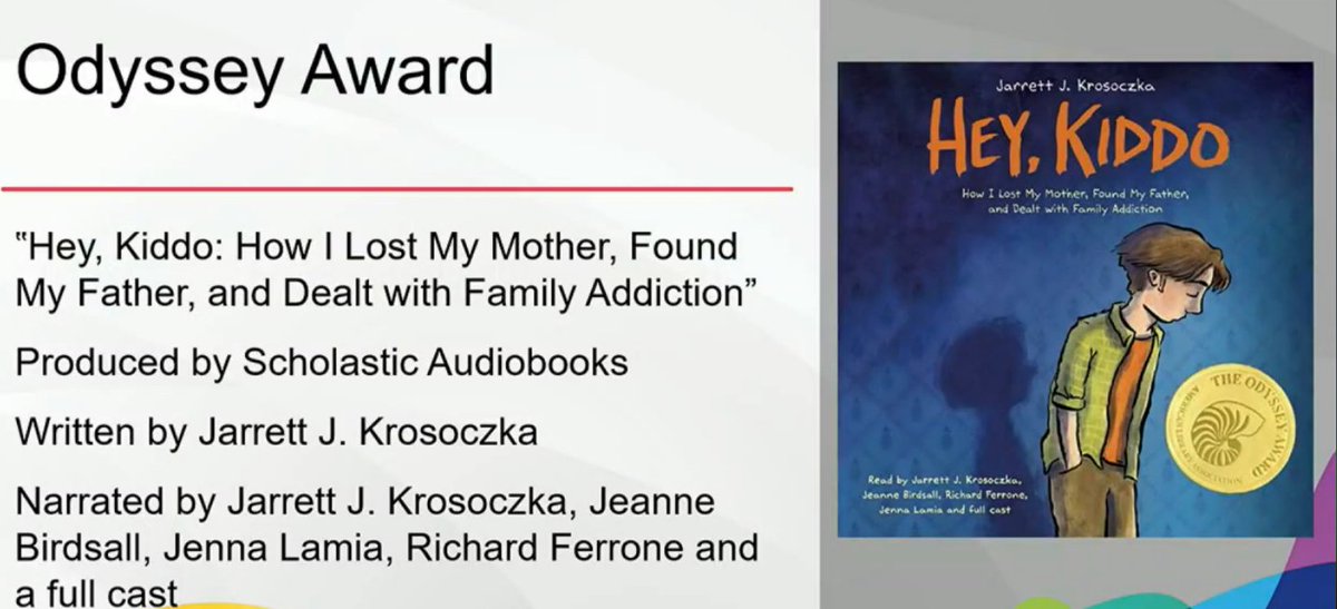 MackinLibrary's tweet image. The Odyssey Award for the Best Audiobook winner goes to..."Hey, Kiddo: How I Lost My Mother, Found My Father, and Dealt with Family Addiction"! Written by @StudioJJK

Congratulations!!! 🎉
#ALAyma #alamw20 #alamw2020 @MackinVIA