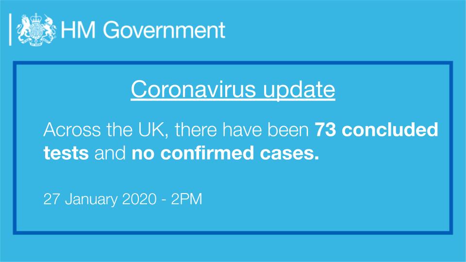 Coronavirus update: Across the UK, there have been 73 concluded tests and no confirmed cases.