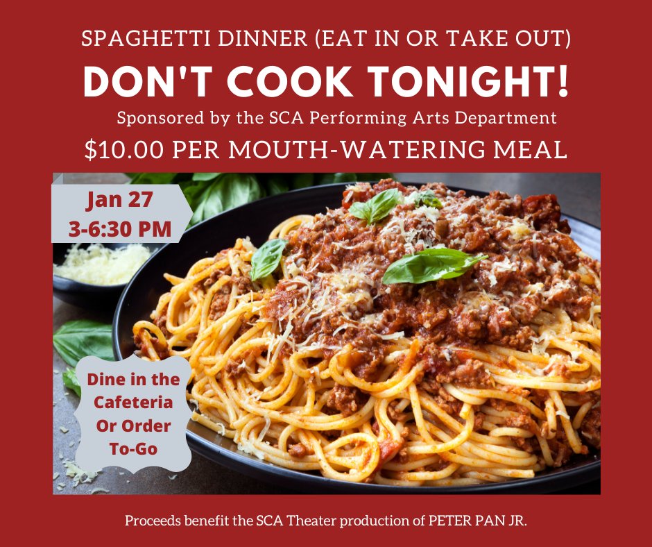 TODAY!!!  from 3PM-6:30PM is the SPAGHETTI dinner to support the SCA theater department.  $10 per generous, and delicious meal.  Dine-in or carry-out.  Pay online, in the office, or with cash!  Serving up to 200 people, so we need you to eat!
signupgenius.com/go/9040e49adaa…