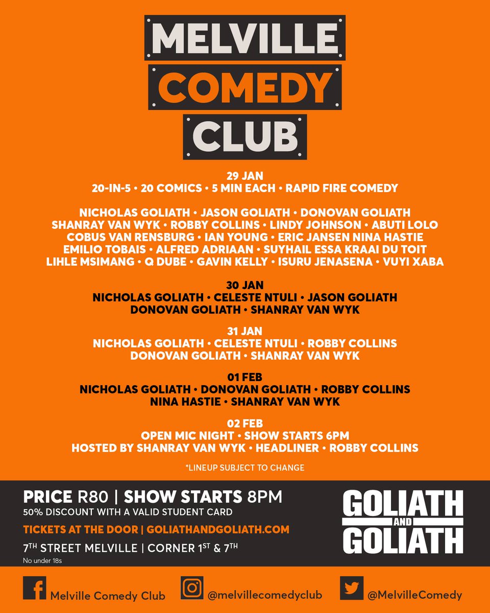 Book your tickets now to the first shows at Melville Comedy Club, starting this week!

Tickets available on goliathandgoliath.com
AND at the door.

50% discount for students with a valid student ID. Line-up subject to change*