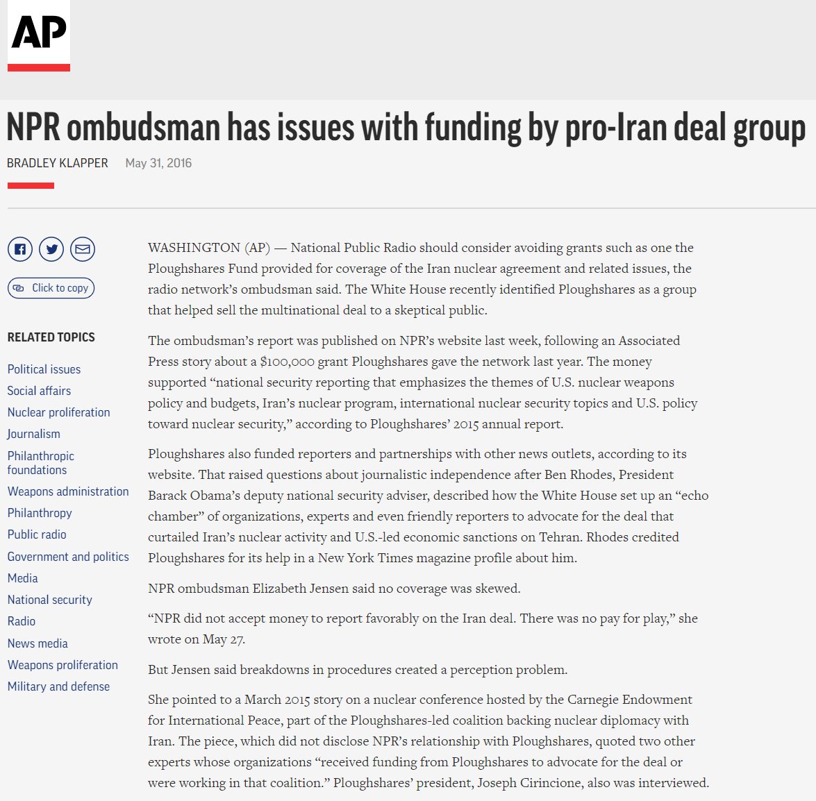 FLASHBACK, May 2016. An @AP investigation discovered that NPR took $100,000 to do reporting on 'Iran's nuclear program' from the Ploughshares Fund, one of the main funding hubs of the Iran echo chamber. Even NPR's internal ombudsman found it off the charts inappropriate.