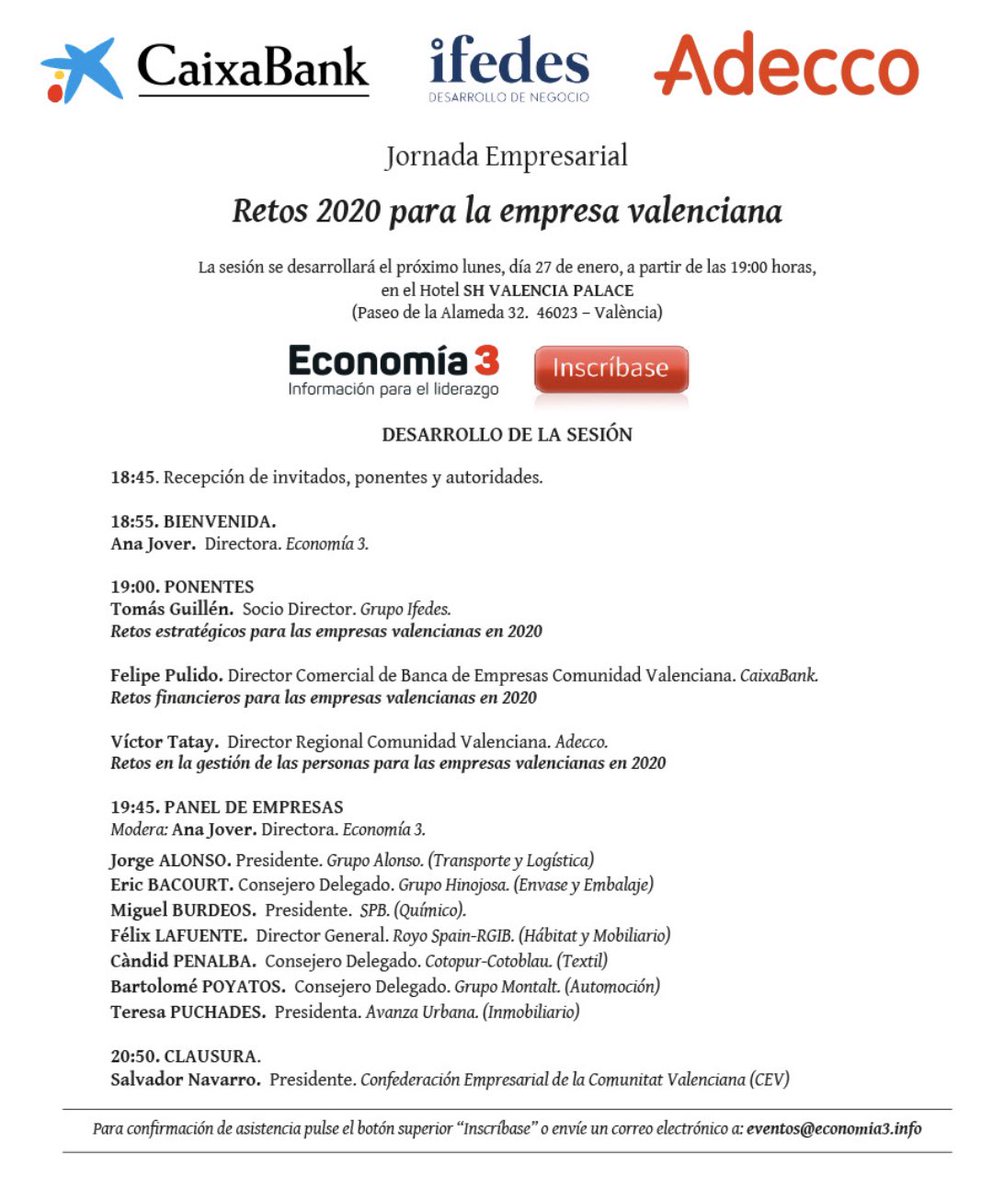 Analizando los retos para la empresa valenciana en el 2020 de la mano de <a href="/Economia_3/">Economía 3</a>.
Claves cómo la velocidad del cambio, digitalización, agilidad en la toma de decisiones, la ejecución, la retención del talento o el aporte de valor, sin duda, marcarán la diferencia.