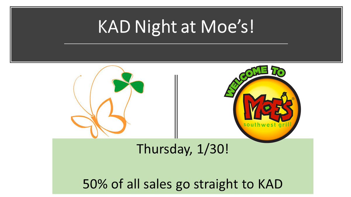 Join us at Moe's in Warrington this Thursday, 1/30 from 4-9 to raise $ for <a href="/DolanFund/">Dolan Fund</a>! #KADMF2020 <a href="/CBTamanendMS/">Tamanend MS</a>