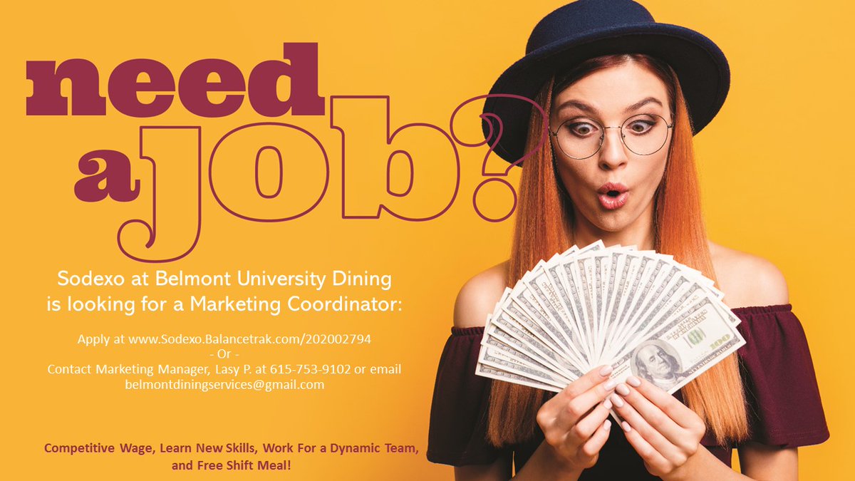 BelmontDining's tweet photo. Are you a foodie, social media savvy and love engaging with people?! Here's your chance to take advantage of this opportunity with Sodexo at Belmont University Dining. #FeedTheBruin 
_
#BelmontBruins #BelmontDining #WorkWithUS #ApplyToday #BemlontUniversity #Nashville #JobsInTN https://t.co/sK46ykKYW5