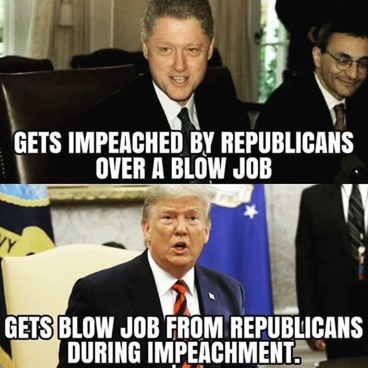 CCastrico's tweet photo. This is basically how the #DonaldTrump impeachment compares to Clinton’s The proceedings in a snap shot. Really #Kennethstar , no crime? My how time has changed you! https://t.co/nQYVCo79WV