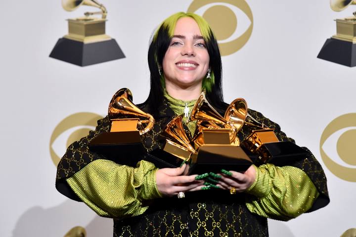 QUIZCLUBUAF's tweet photo. Billie Eilish won the top four prizes at the Grammy Awards taking home Best New Artist, Record of the Year, Album of the Year and Song of the Year.

She won five of the six awards she was nominated for. Billie Eilish is only the second artist to have swept all four categories. https://t.co/gZ5R5h6qw6