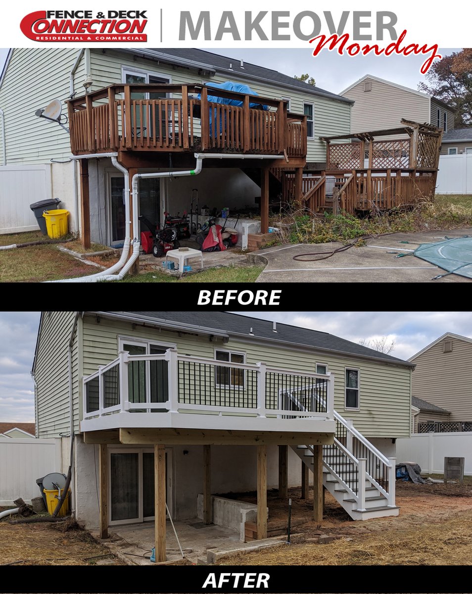 #MakeOverMonday: OUT with the OLD, IN with the NEW! TimberTech composite deck boards, white vinyl railing, black aluminum balusters + fascia wrap around the outer perimeter of the new space.
#BeforeAndAfterDeck #TimberTechDecking #LowMaintenanceDeck #30YearWarranty #DeckBuilder