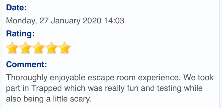 DeceptionRooms's tweet photo. Good feedback means so much to a small business, thank you 😃 #Review #MondayMotivation #booktoday #Derbyshire #bookforsunday #matlockfun #Review #BookNow https://t.co/MPn7UuXjfB