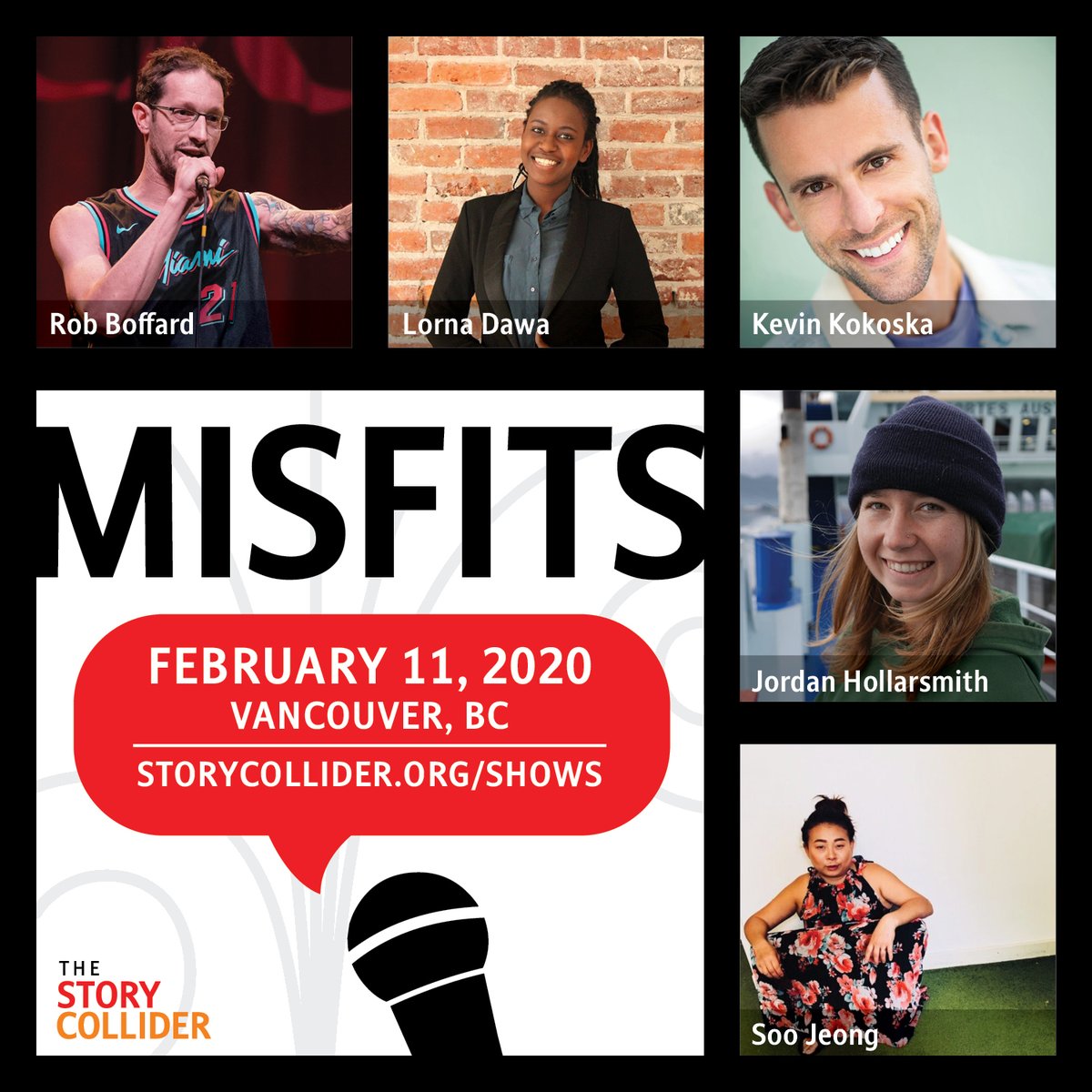 Promotional graphic for Vancouver, Canada's show "Misfits" on February 11, 2020 with photos of storytellers