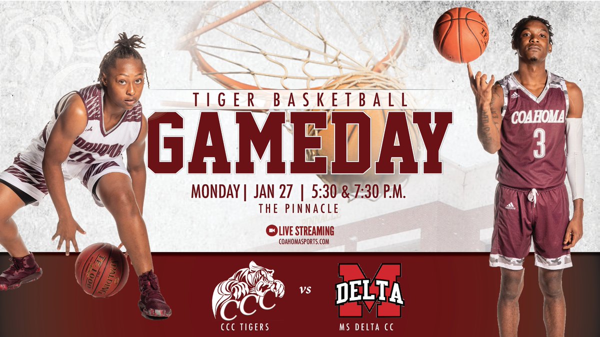 CoahomaSports's tweet photo. CCC GAMEDAY: The Coahoma Tigers will battle crosstown rival Mississippi Delta in an MACJC North game. With 5:30 p.m. and 7:30 p.m. tipoffs set, the game will be Monday, Jan. 27, 2020, at the Pinnacle. Tune in to https://t.co/catKh3UZbk or WCQC 91.3 FM. #CCCHoops #CoahomaStrong https://t.co/Aw0GQgpUri