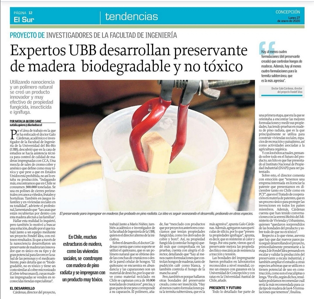 IngenieriaUBB's tweet photo. Diario El Sur ‼️#Destaca a Galo Cárdenas y Mario Nuñez, Académicos de Ingeniería UBB 👨🔬👨🔬quienes desarrollaron innovador preservante de madera 🌳🌲utilizando #nanociencia y un polímero natural, con propiedades #fungicidas, #insecticida e #ignifuga #IngenieríaUBB #MacroFacultad https://t.co/kZw6ZkyfgS