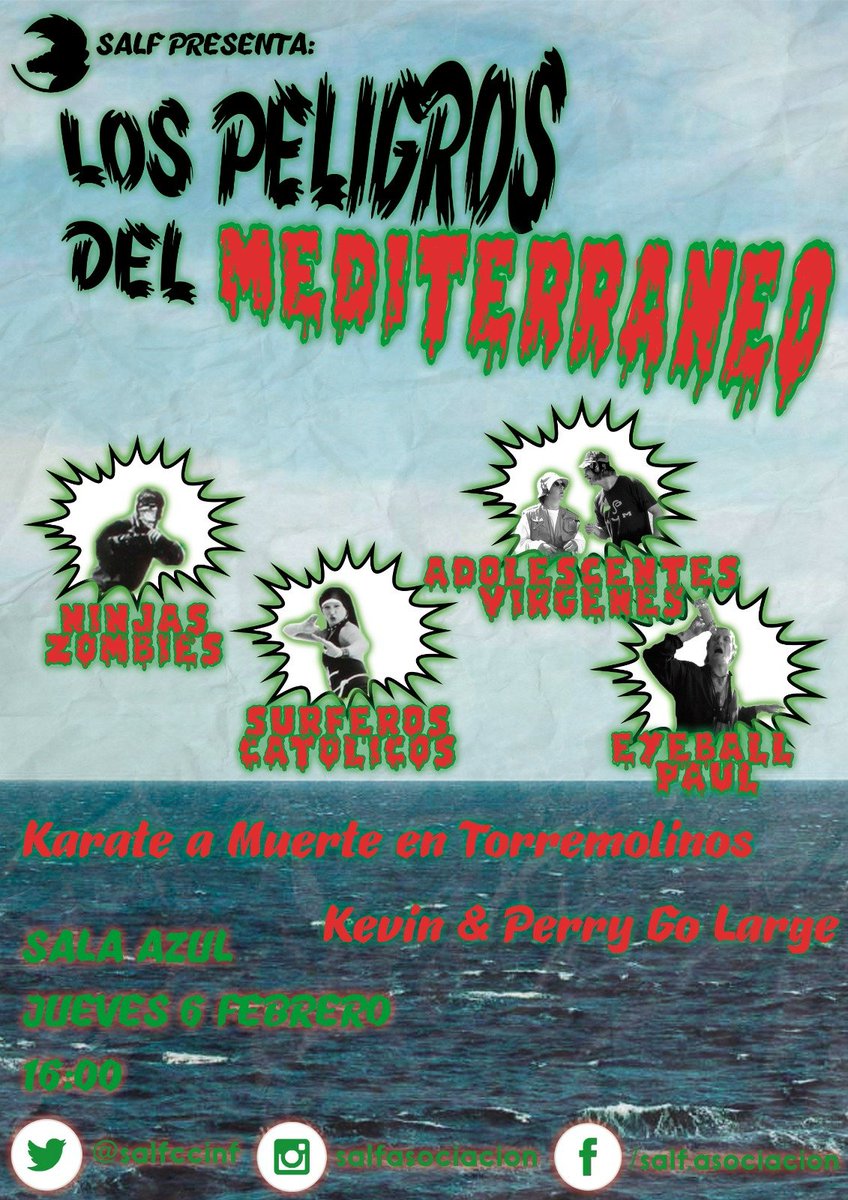 SALFccinf's tweet photo. Si por peligros del mediterráneo piensas en los domingueros agresivos, picaduras de medusa o chiringuitos de mala muerte, estas muy equivocado, acompáñanos el próximo 6 de febrero a explorar los verdaderos peligros.  A partir de las 16:00 en la #SalaAzul. TE ESPERAMOS
#Salf https://t.co/GbHG83qLSE