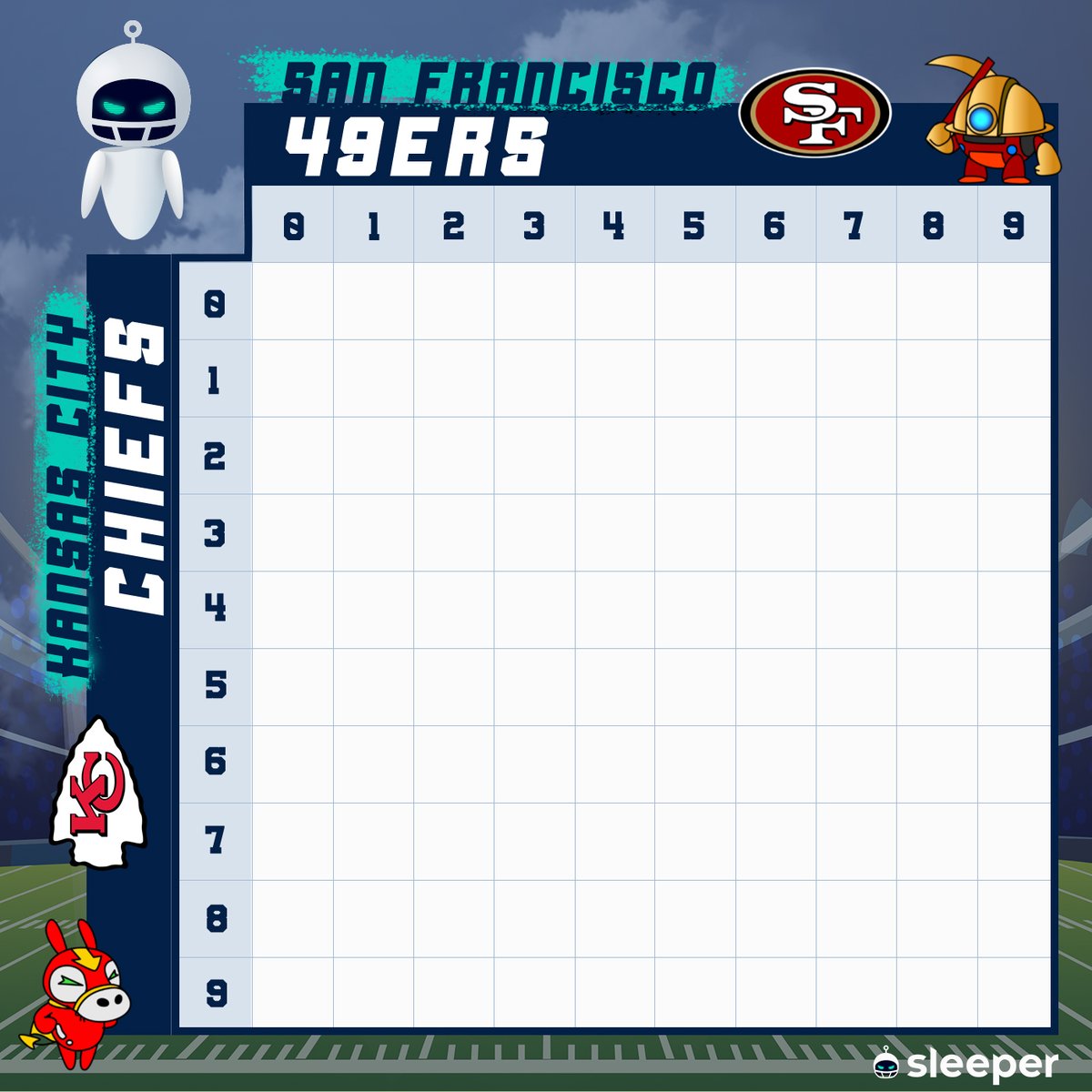 SleeperHQ's tweet image. 📢 Want to win some Sleeper merch while you watch the 49ers and Chiefs square off this weekend!? We're giving away merch for each quarter during the Super Bowl! 🏆🏈

Retweet with your Sleeper username for your chance at a square! 😁