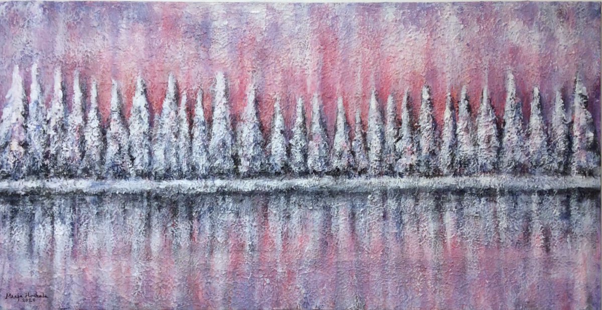 Merja_Honkala's tweet photo. #taivaantuli  #punertavan #sävyinen #talvitaulu 
#akryylimaalaus 50x99cm https://t.co/1saa05zLJ5