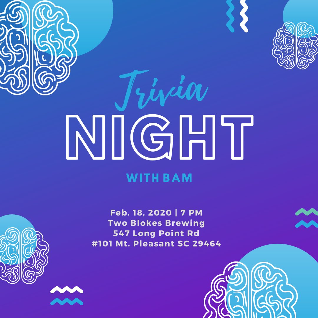 BeAMentorNow's tweet photo. Gather some friends and come test your knowledge during a fun-filled night of trivia at Two Blokes Brewing on February 18th at 7pm!
The winning team will receive a gift card and everyone who attends will receive $1 off drinks!
We absolutely can't wait!
Who's in?
#BeAMentorNow https://t.co/37wYXVx3wg