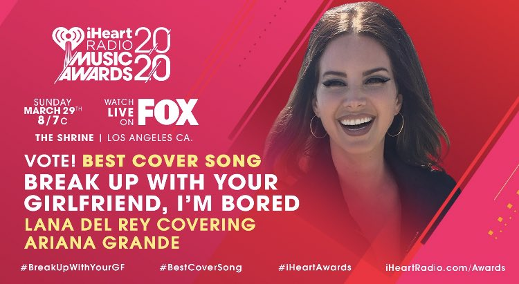 LanaDelReyLatam's tweet photo. ¡Gente! No olvides VOTAR con 1 RT por @LanaDelRey a los iHeart Radio 2020. ¡Es nuestra oportunidad!
#BreakUpWithYourGF #BestCoverSong #iHeartAwards https://t.co/p0uDPNCGmL