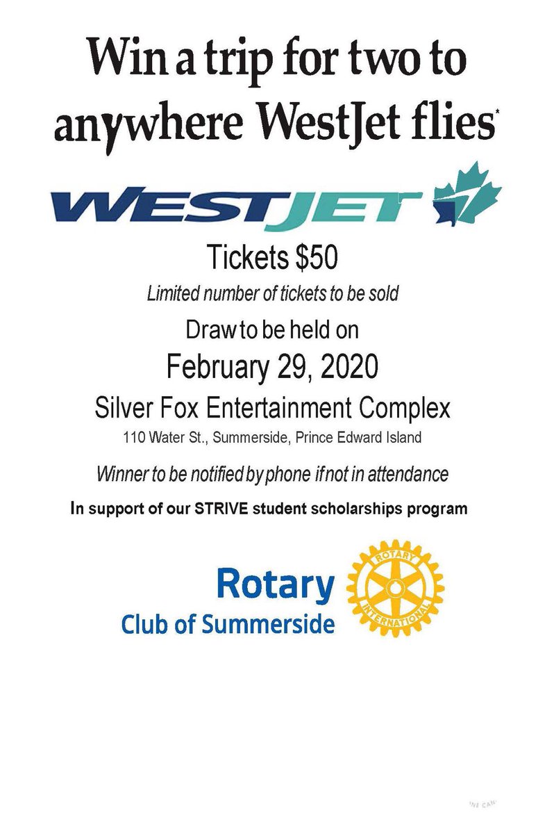 SHARE PLEASE, JUST IN!! WestJet has generously donated two tickets to our Mardi Gras Funspiel Summerside Rotary Club. All funds raised will help support our STRIVE student scholarship program. Tickets are now on sale, please message or comment below if interested.