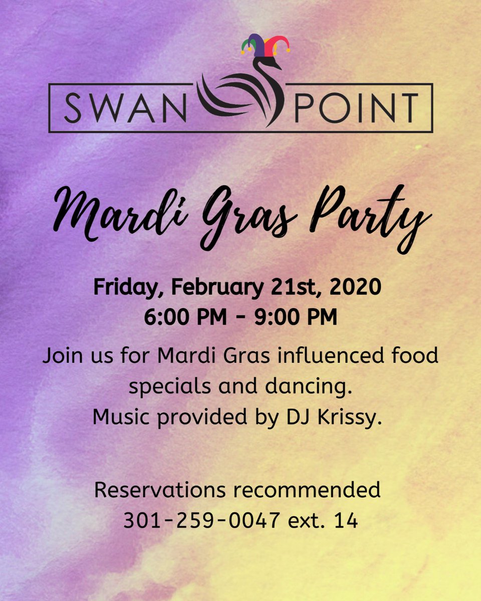 swanpointycc's tweet photo. Have you made your reservations for our Mardi Gras Party? Music provided by Dj Krissy! Also featuring New Orleans influenced food specials.

#mardigras #partytime #southernmaryland #dj #swanpoint #mardigrasfood #dancing https://t.co/wOOjQYSJTI