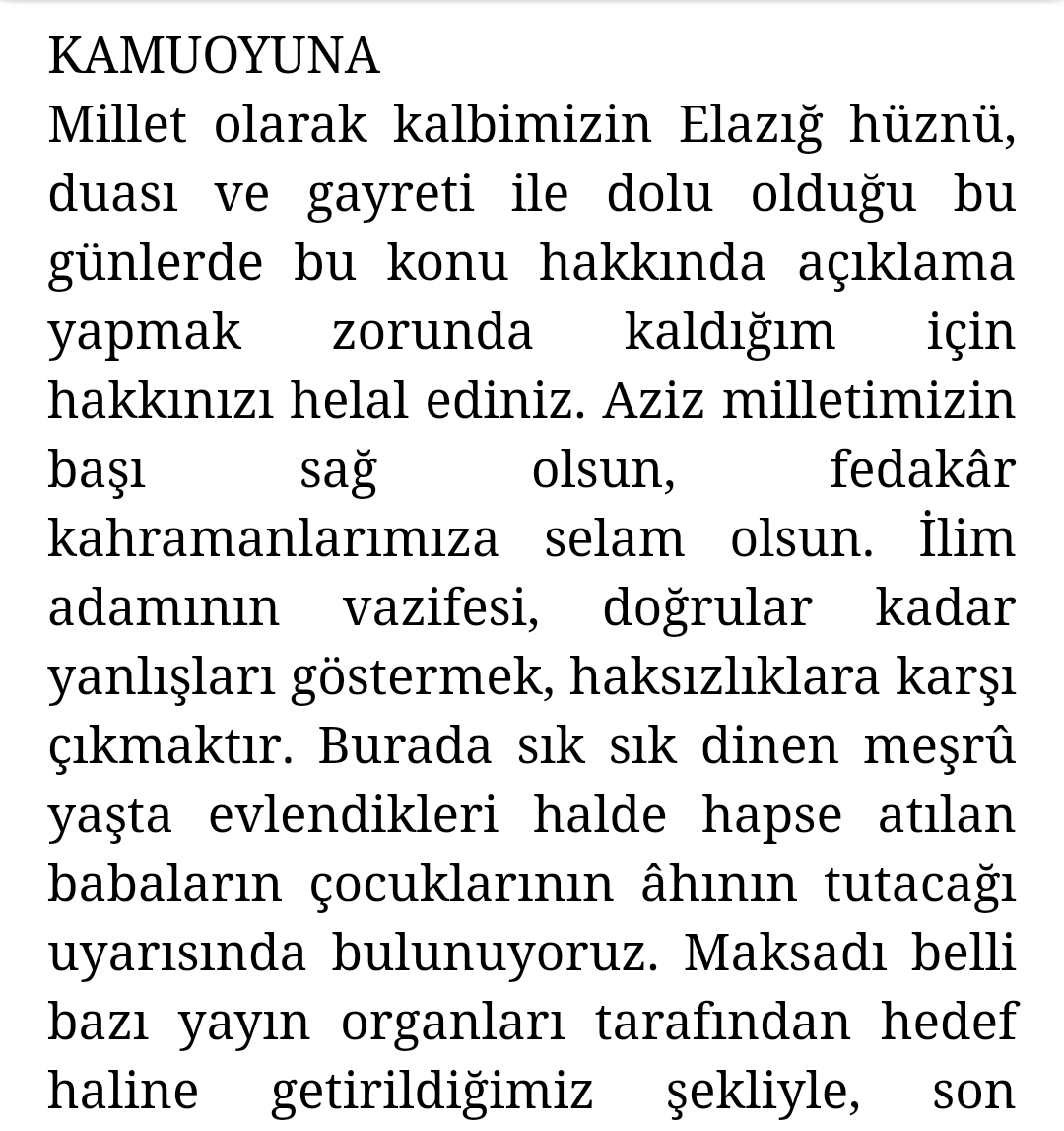 GencerBedri's tweet photo. KAMUOYUNA
Millet olarak kalbimizin Elazığ hüznü, duası ve gayreti ile dolu olduğu bu günlerde bu konu hakkında açıklama yapmak zorunda kaldığım için hakkınızı helal ediniz. Aziz milletimizin başı sağ olsun, fedakâr kahramanlarımıza selam olsun. İlim adamının vazifesi, doğrular https://t.co/1MP8ZCx0Su